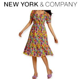 New York & Company Prairie Floral Puff Sleeve Cotton Midi Dress Smocked M Summer